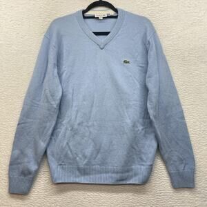 Lacoste Sweater Mens Large Blue Classic Fit V Neck Wool Logo Pullover Preppy